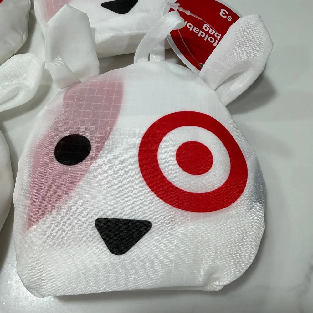 Set of 4 Target Bullseye Dog Foldable Reusable Tote Bags White Red 16x20 New